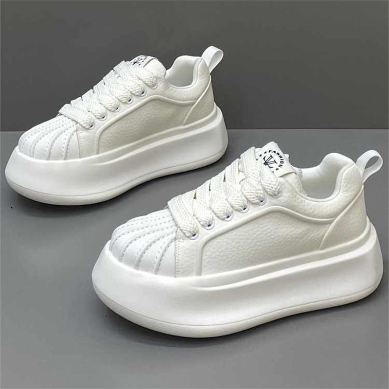 Leather shell-toe low-top sneakers, all-white leather with thick sole and lace-up