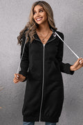 Black zip-up hoodie dress with leopard-lined hood, kangaroo pocket, drawstring cords