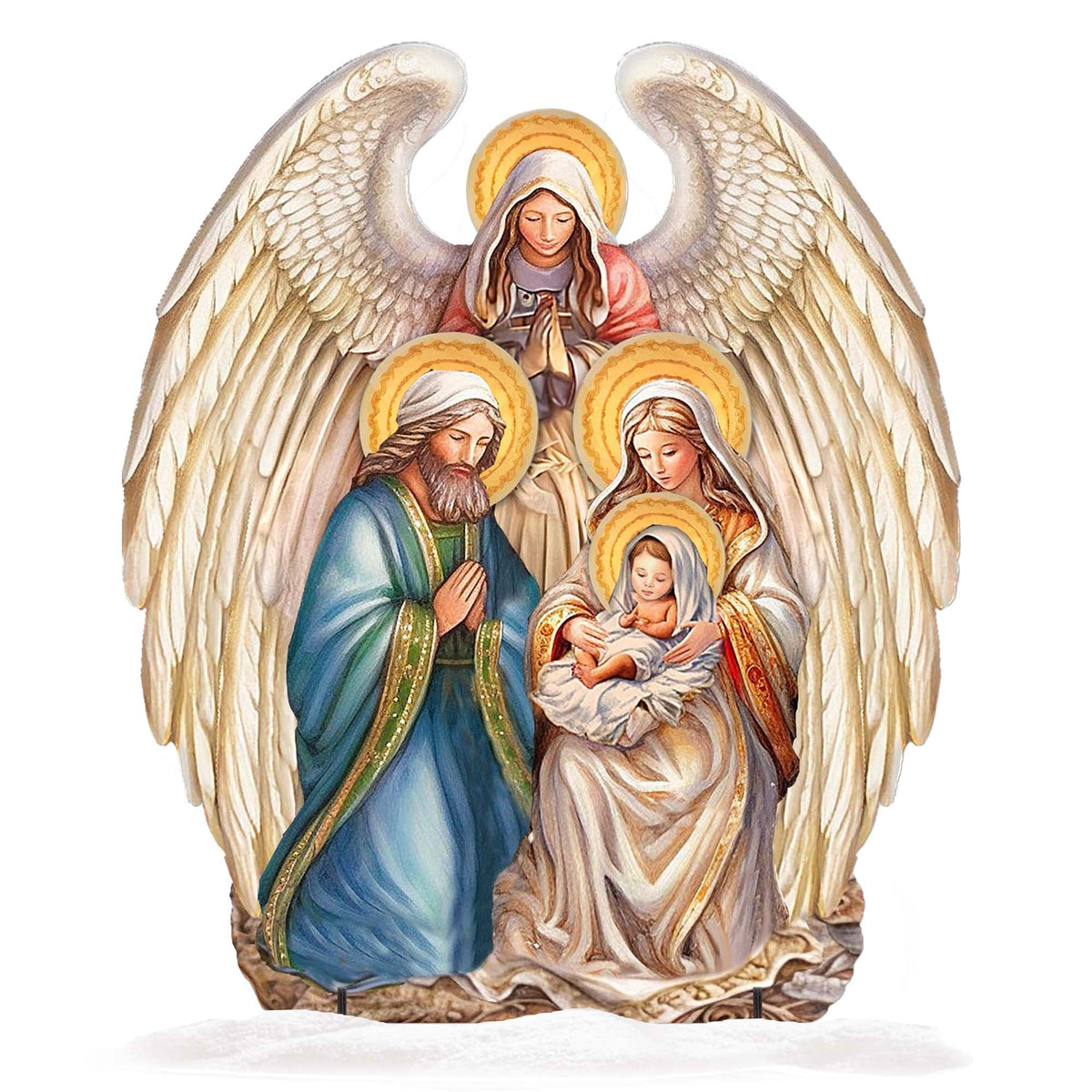 Nativity outdoor decor in studio view, angel and nativity figures with gold wings