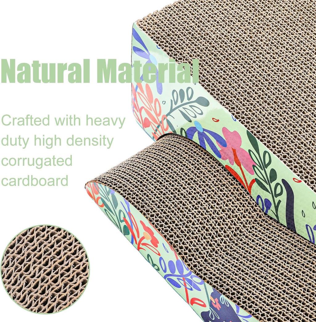Cat scratcher with close-up view of corrugated cardboard and floral-patterned sides