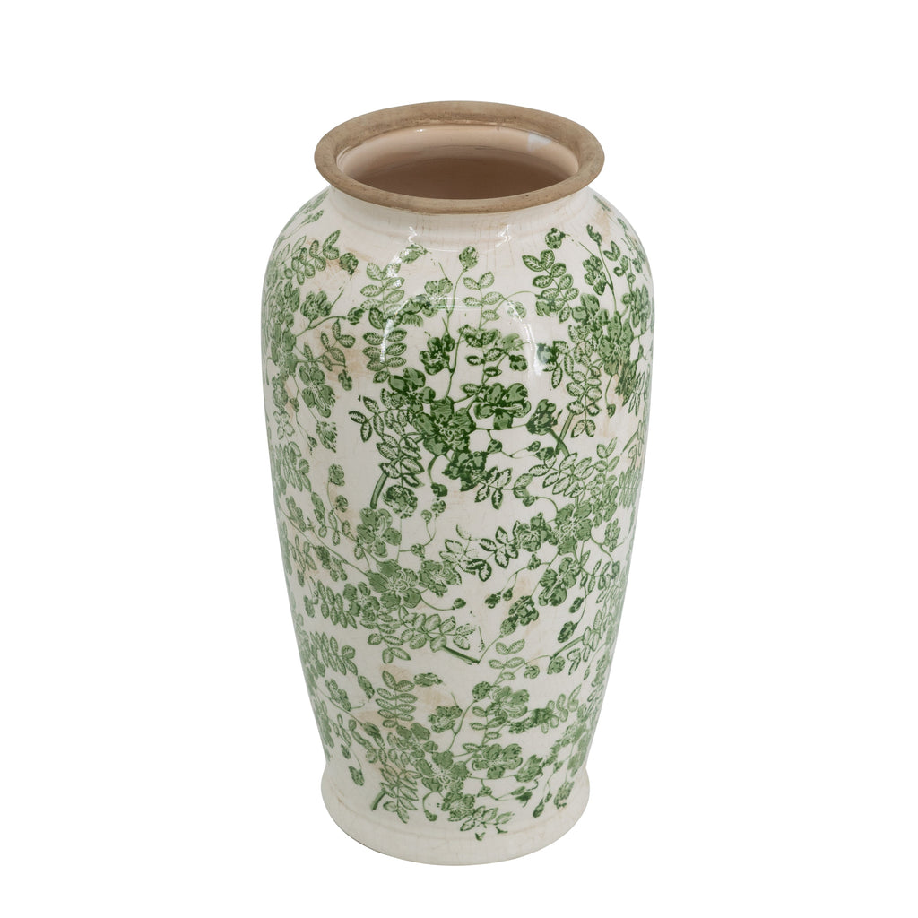 White ceramic vase with green floral leaf pattern, round shoulders and open mouth