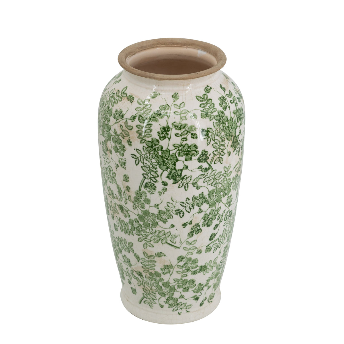 White ceramic vase with green floral leaf pattern, round shoulders and open mouth