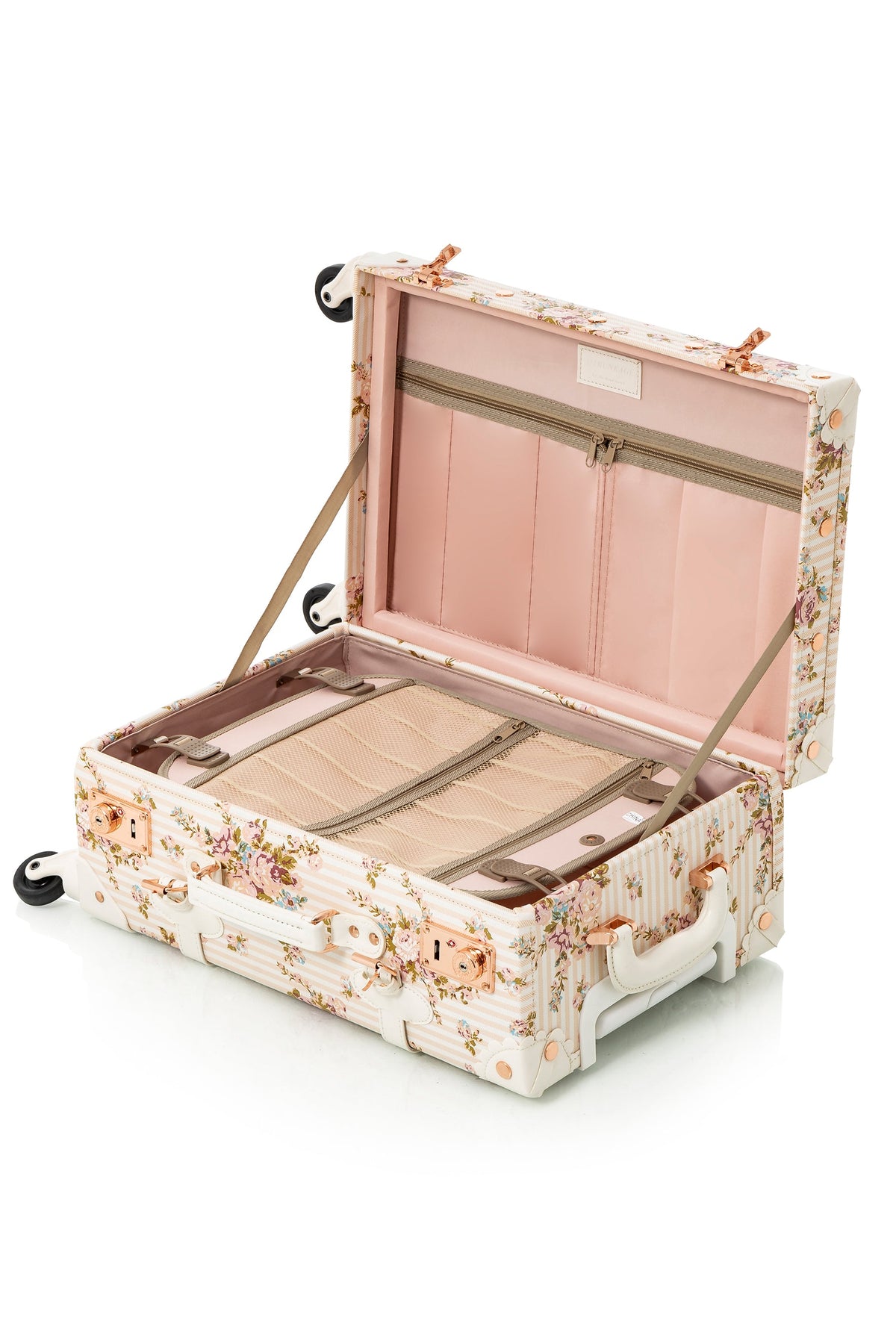 Open beige floral suitcase with pink lining, mesh divider, and interior straps