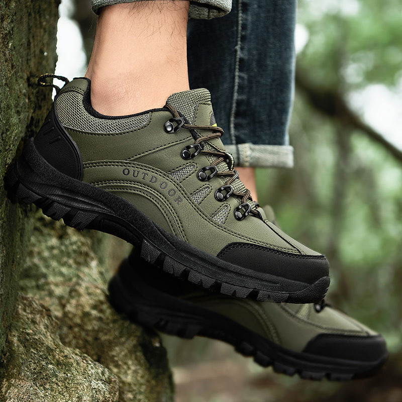Men's olive hiking sneakers with lace-up front and grippy tread sole