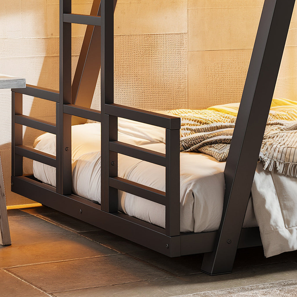 Close-up of bunk bed side ladder, lower guardrail and angled support leg