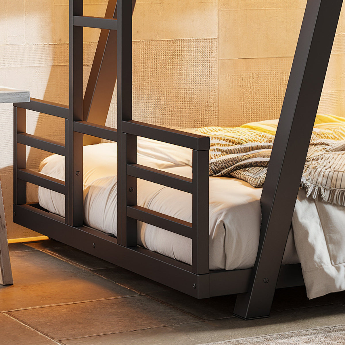 Close-up of bunk bed side ladder, lower guardrail and angled support leg