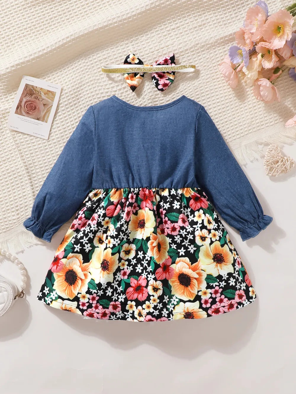 Girls long-sleeve denim-look dress with floral ruffle skirt