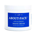 About-Face hypo-allergenic shave cream in white plastic jar with blue label