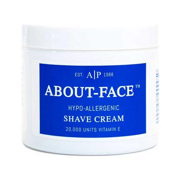About-Face hypo-allergenic shave cream in white plastic jar with blue label