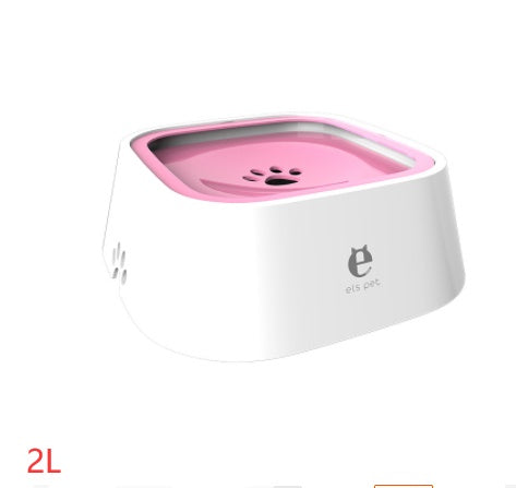 Pink-tinted floating pet water bowl with paw icon top insert in white housing