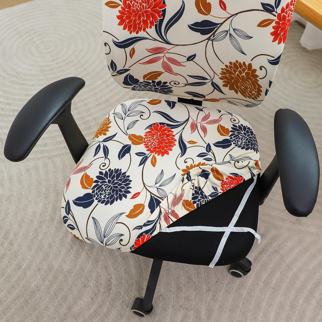 Floral stretch office chair cover with elastic strap detail on the seat