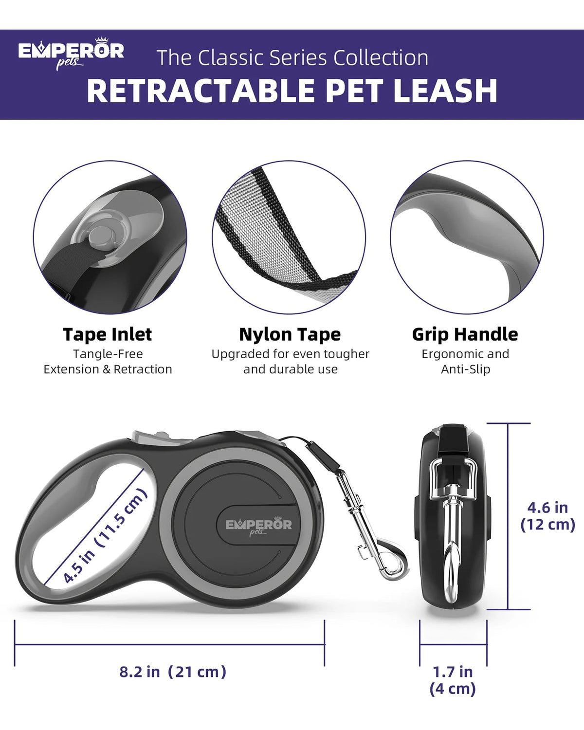 Gray retractable dog leash with nylon tape, grip handle, and size dimensions