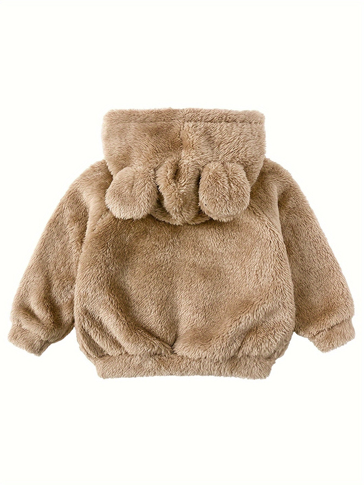 Baby girl fuzzy hooded jacket in camel plush with bear-ear hood, back view