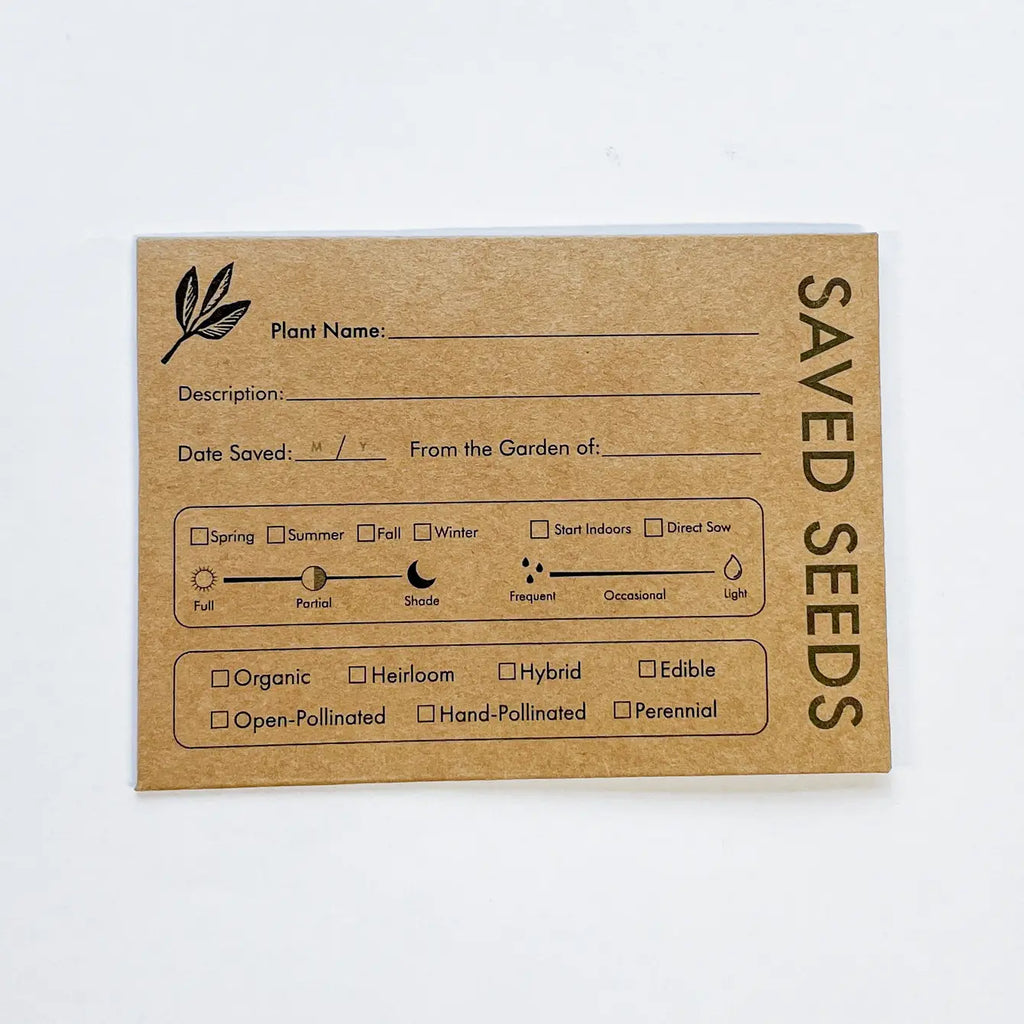 Kraft seed-saving envelope with plant name and checkboxes, printed save card design