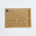 Kraft seed-saving envelope with plant name and checkboxes, printed save card design
