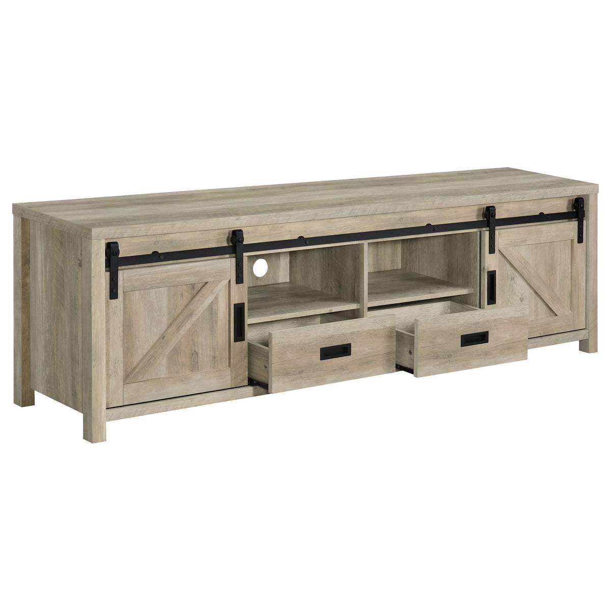 Distressed pine TV stand with wide open center shelf, 2 doors, and black hardware