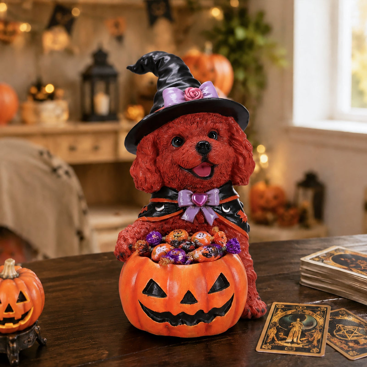 Brown dog witch figurine holding a pumpkin bowl filled with wrapped candies
