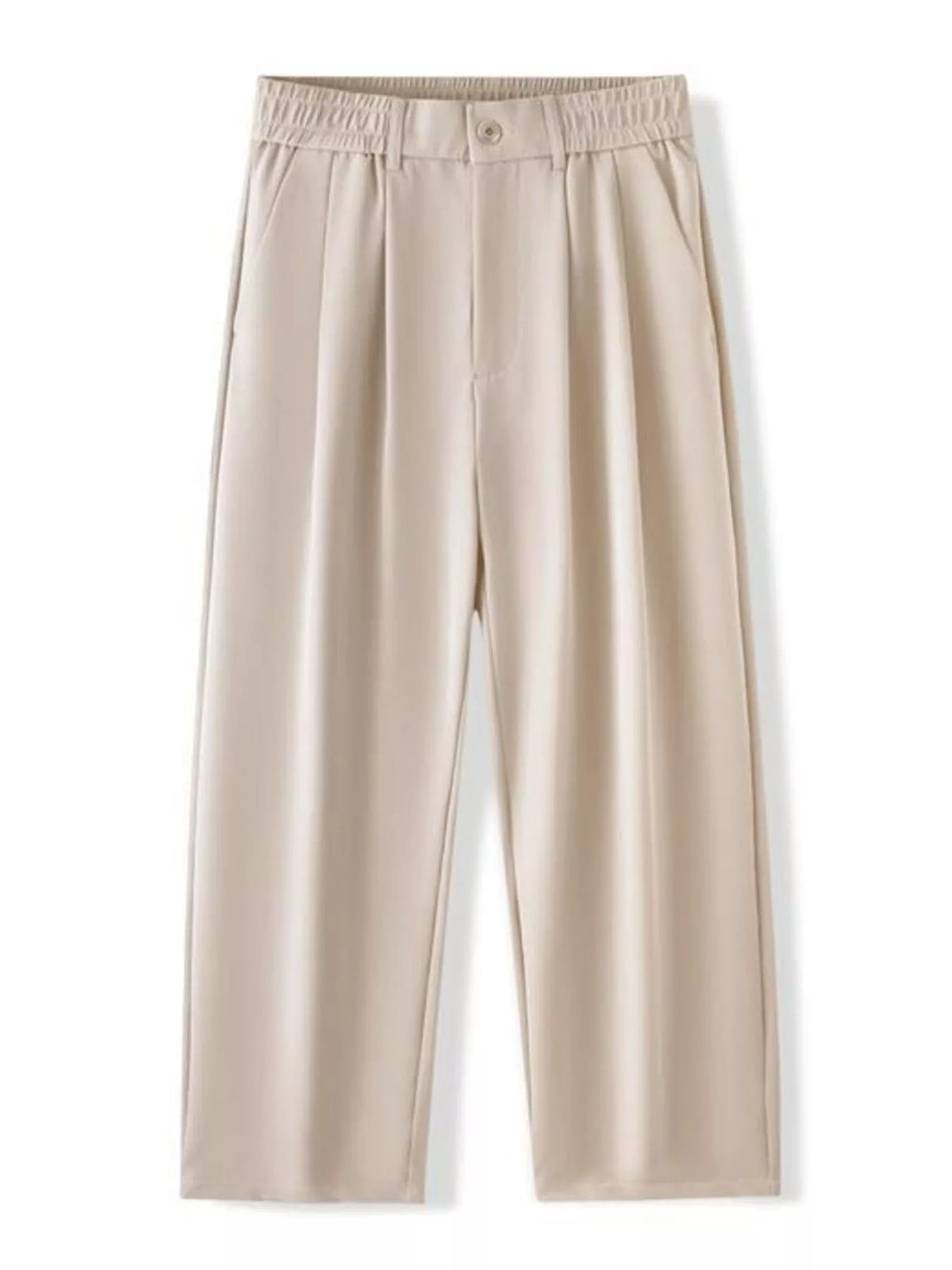 Men's loose-fit casual pants, light beige, pleated front, elastic waistband