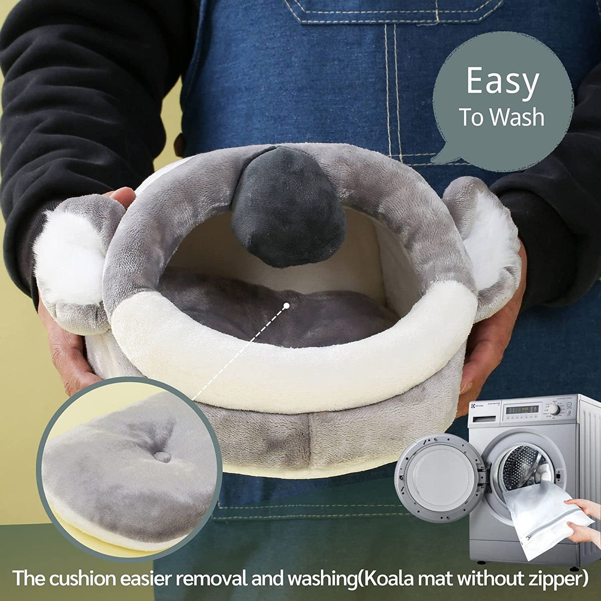 Gray plush pet bed with removable cushion and a wide white-trimmed opening
