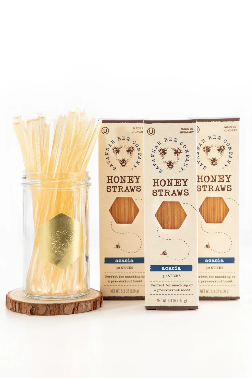 Honey straws bundle in jar with three acacia 12-stick cartons
