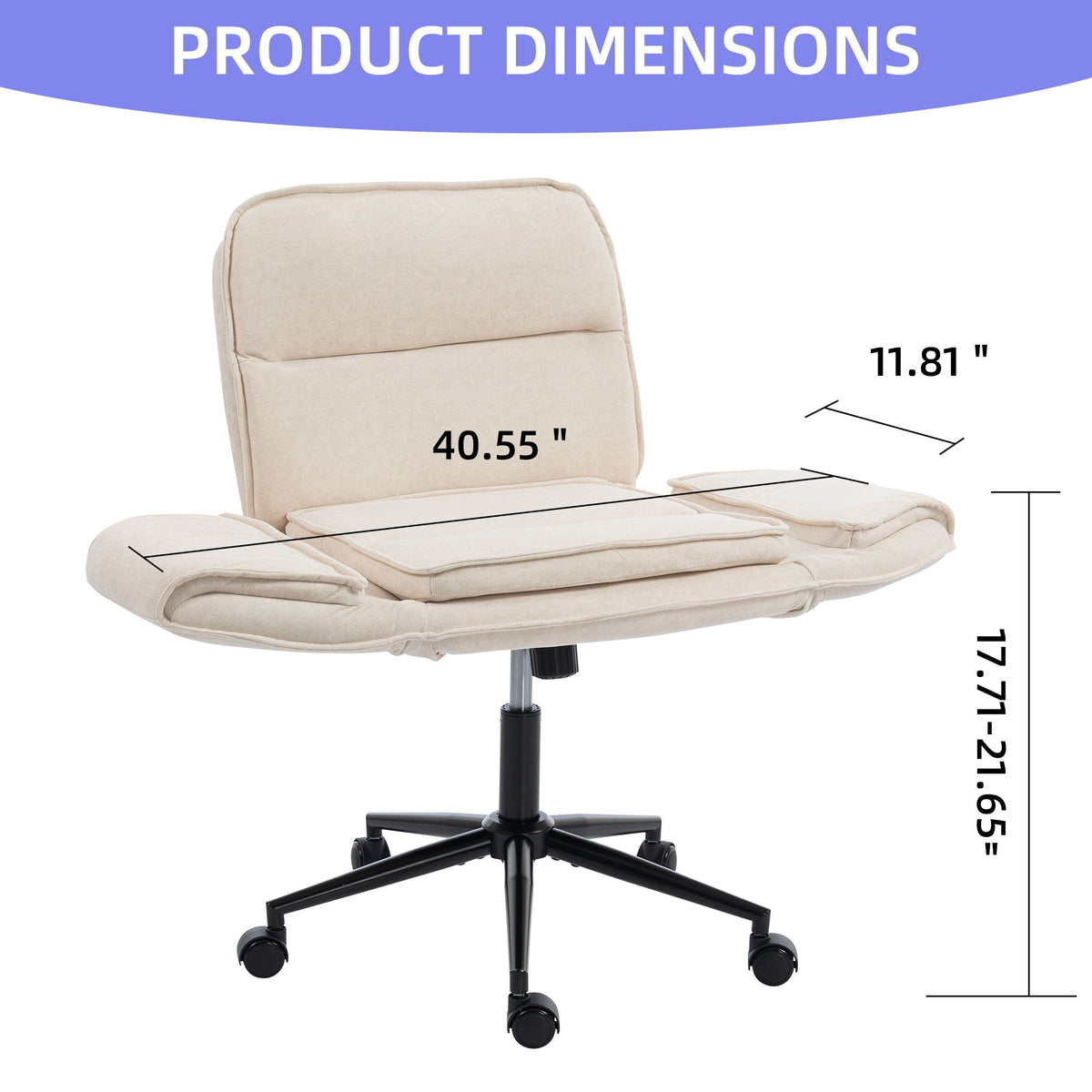 Beige upholstered swivel desk chair with padded seat, armrests, and rolling casters.