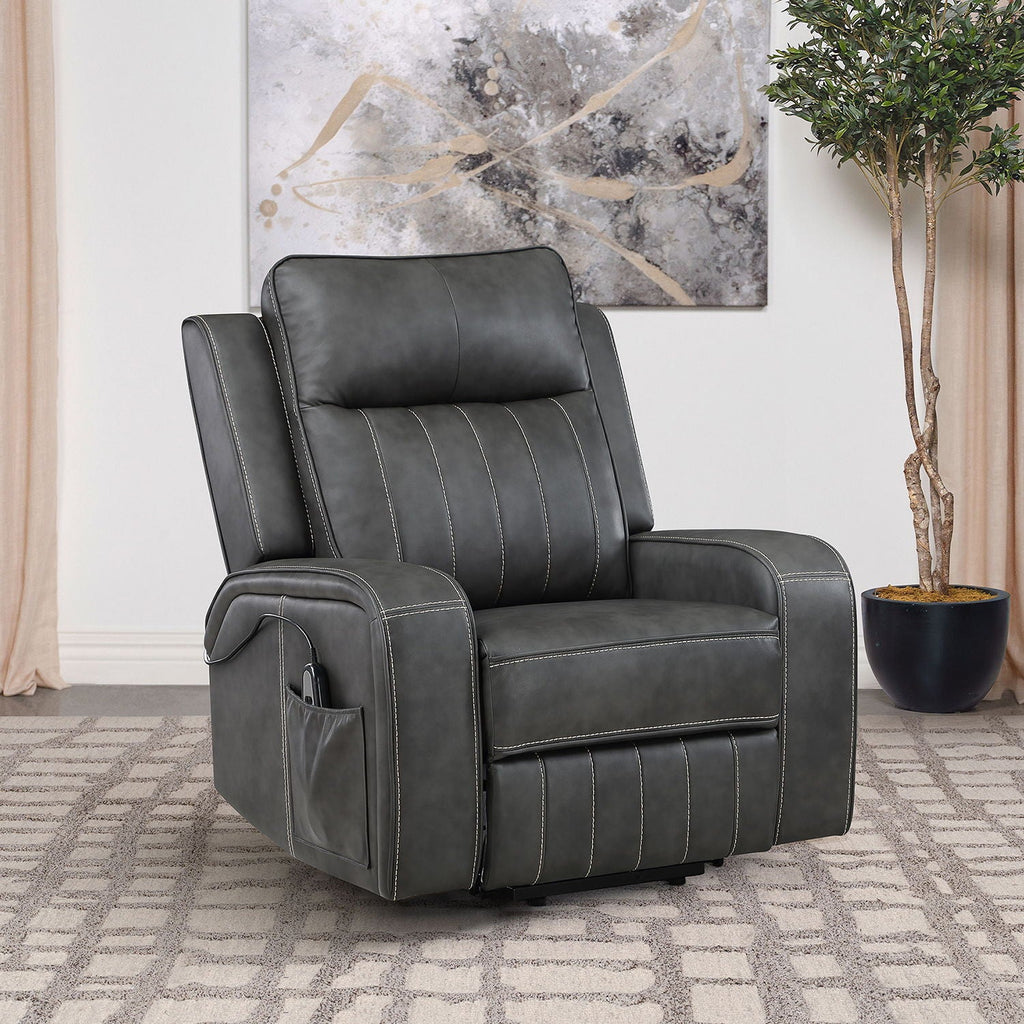 Gray upholstered power lift recliner chair with side storage pocket and stitched back