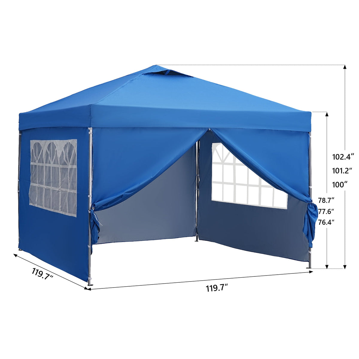 Blue pop-up canopy tent with sidewalls and front zip door, shown with size measurements