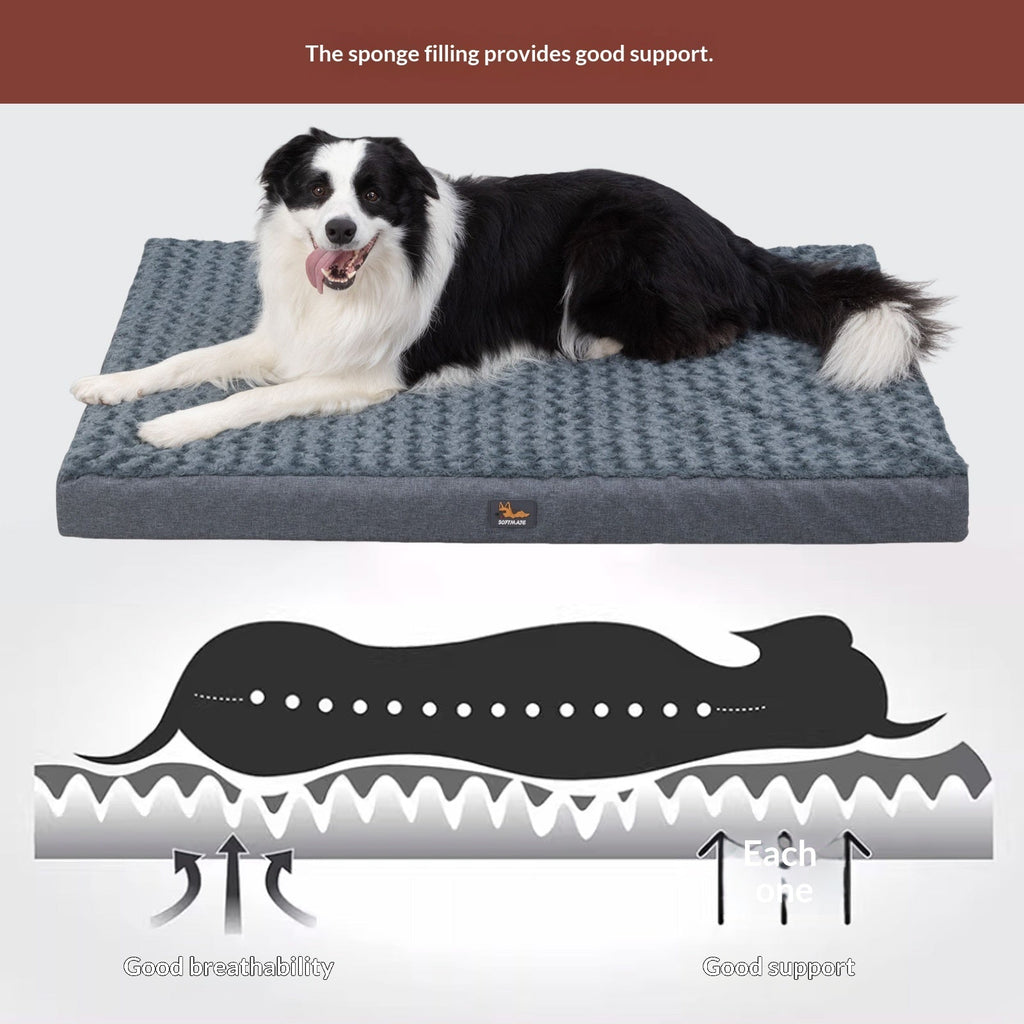 Four-season warm dog bed mat with blue-gray top and cushioned gray base