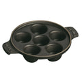 Black matte enameled cast-iron escargot dish with 6 round wells and side handles