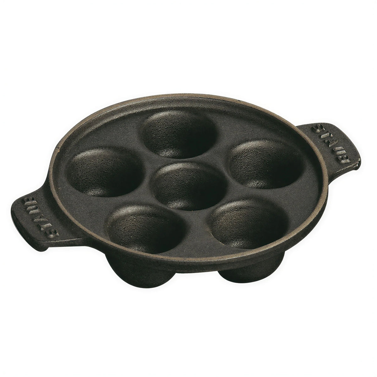 Black matte enameled cast-iron escargot dish with 6 round wells and side handles