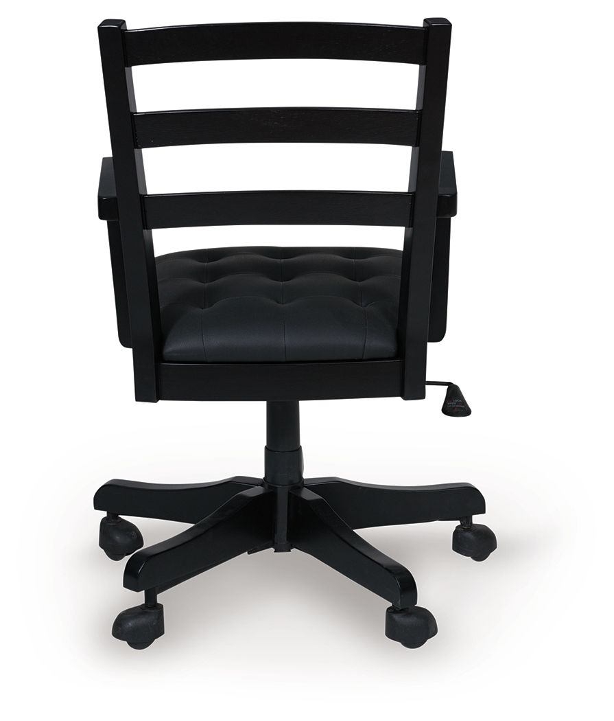Swivel office chair with dark padded seat, tall slatted backrest, and black caster legs.