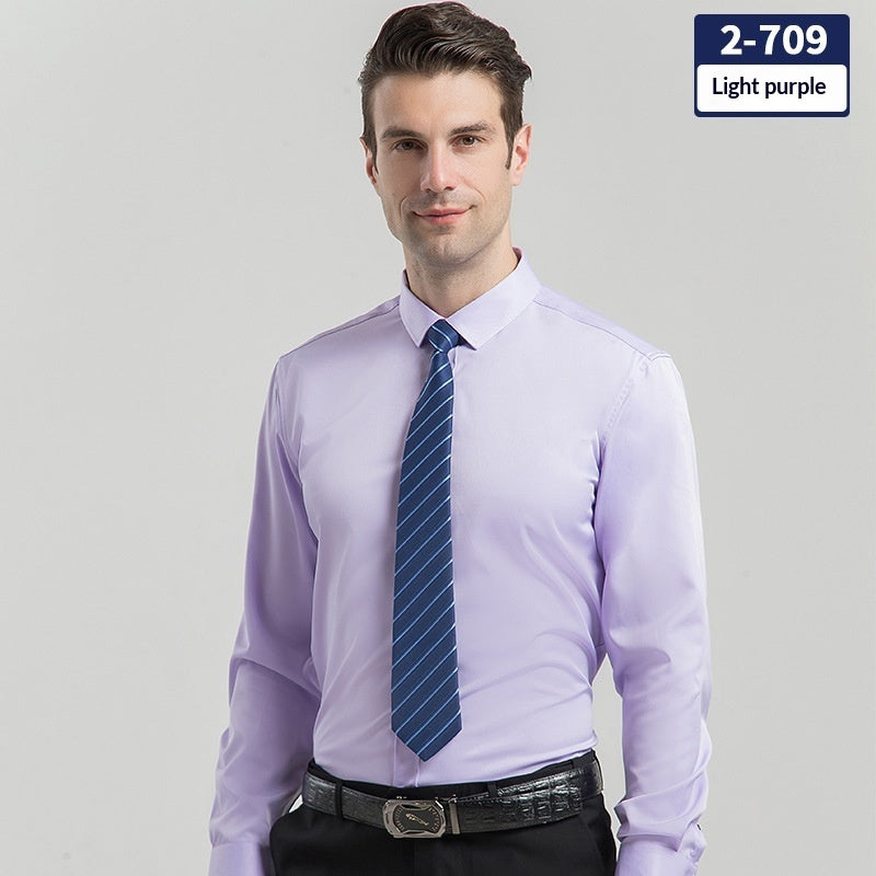 Light purple long-sleeve solid dress shirt with button-up front and pointed collar