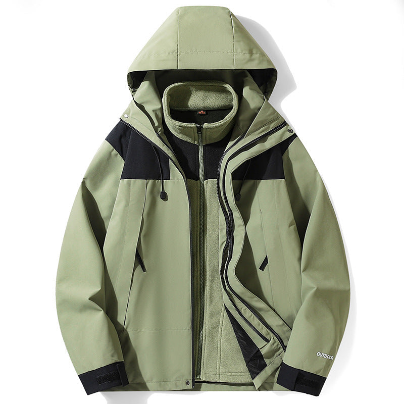 Olive green outdoor jacket with hood, full zipper, and black contrast panels