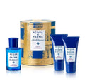 Acqua di Parma Blu Mediterraneo gift set: blue bottle, tubes, and gold canister