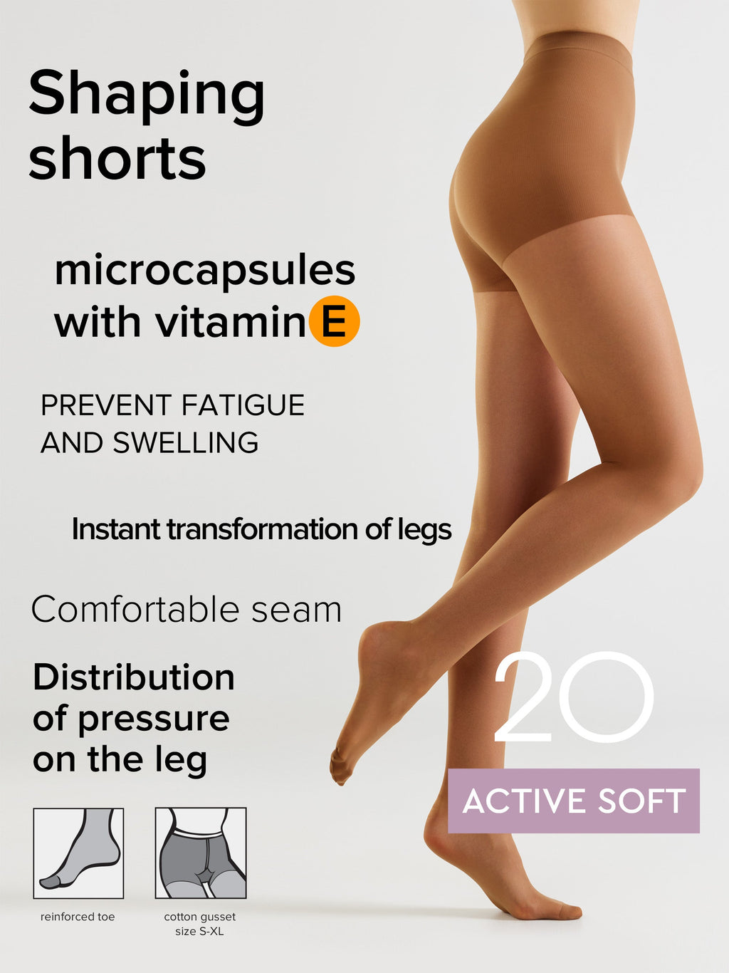 Tan shaping tights showing leg support and comfortable seam
