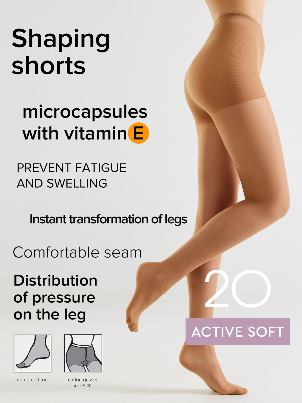 Nude shaping tights with contoured support; 20 den styling and leg compression look.