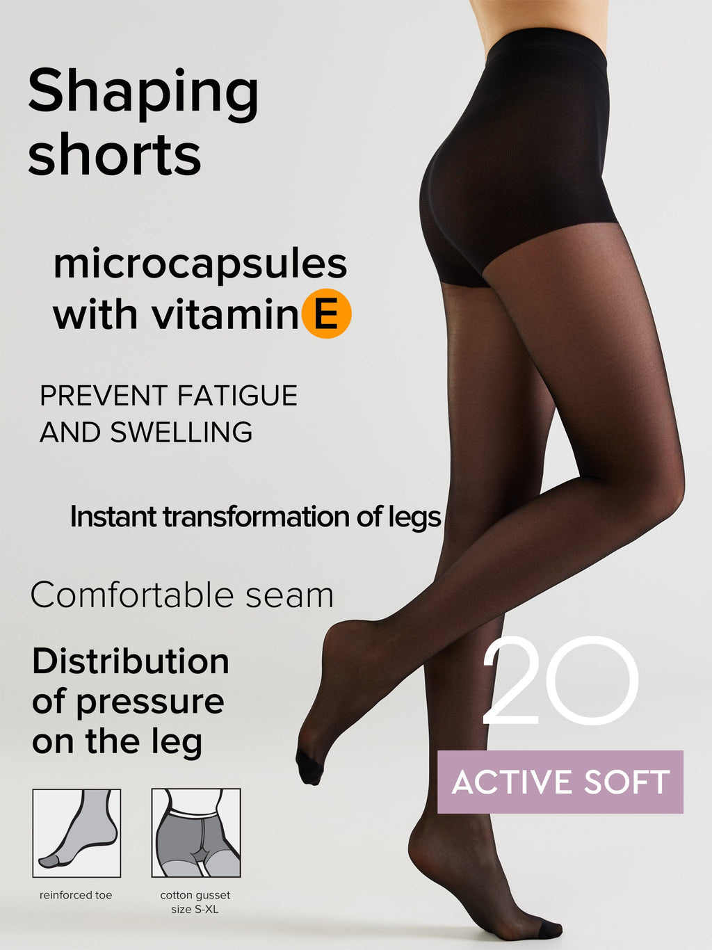 Black shaping shorts tights with 20 den style sheer leg coverage