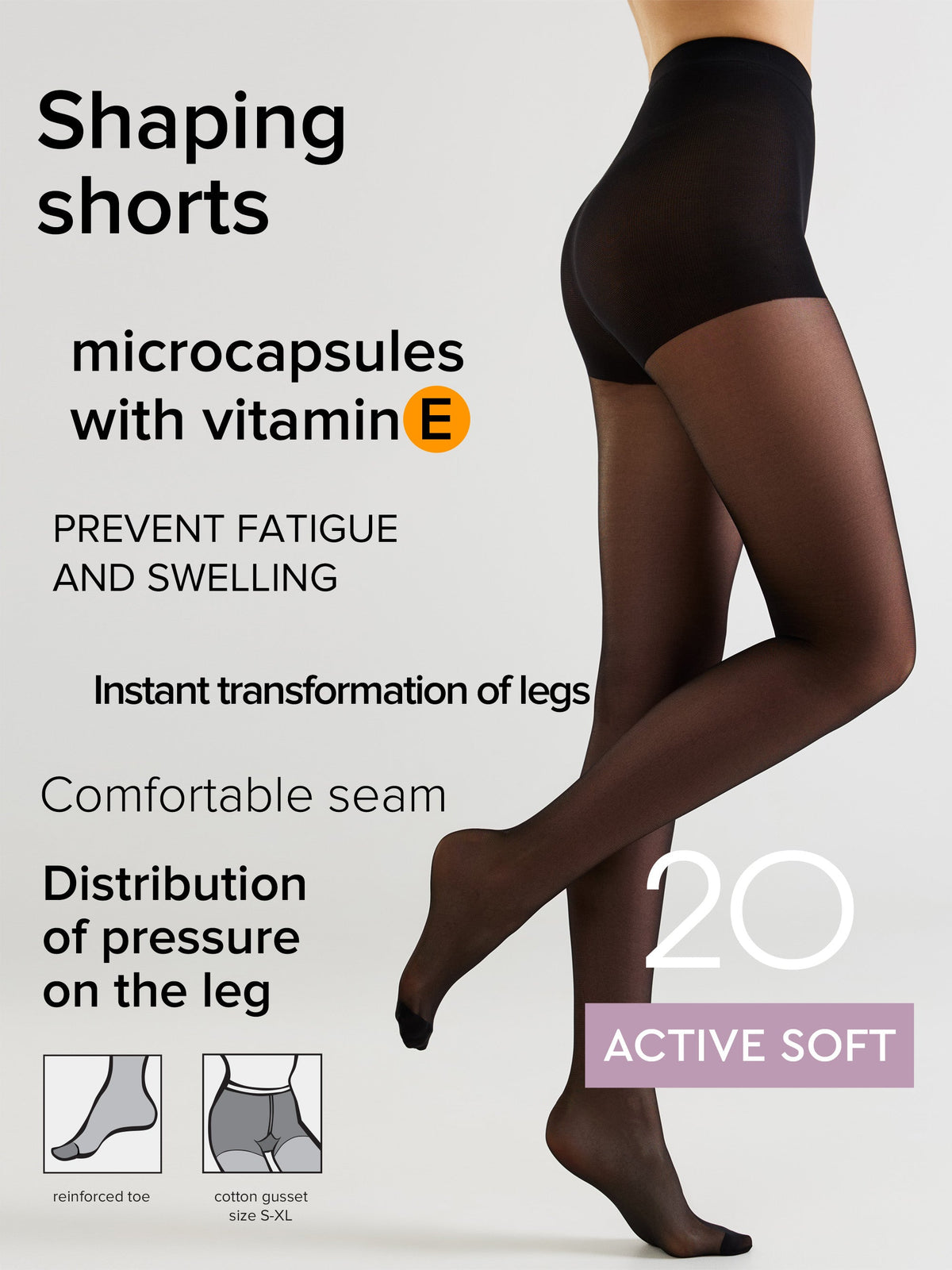 Black shaping shorts tights with 20 den style sheer leg coverage