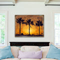 Palm tree sunset wooden wall art with silhouetted palms and golden-orange sky