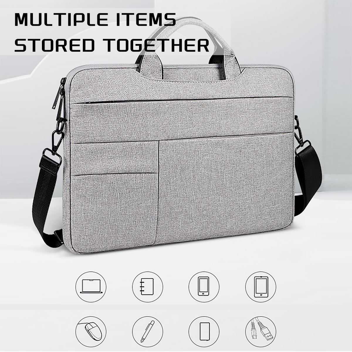 Gray laptop briefcase with front zip and two handles, designed for multiple device storage