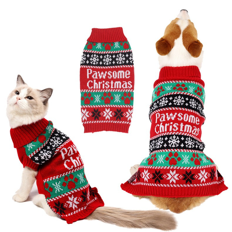 Red knit dog sweater with turtleneck, festive stripes, and “Pawsome Christmas” print