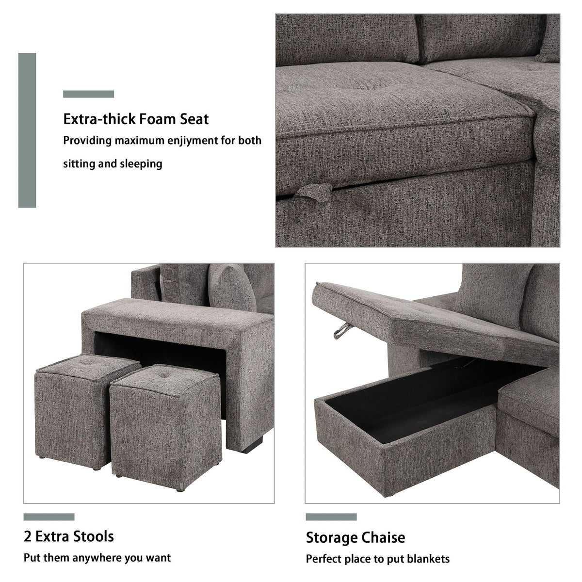 Dark gray sectional sofa with storage chaise and pull-out sleeper, includes 2 stools