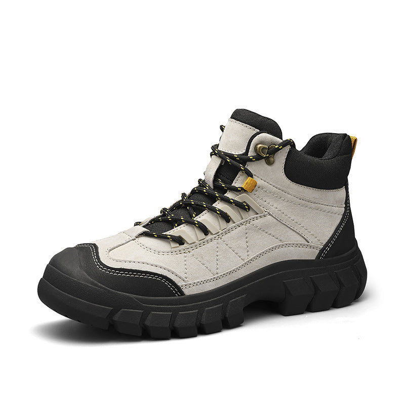 White and black lace-up high-top hiking boot with padded ankle and lug sole