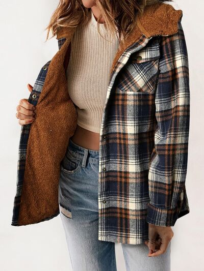 Plaid hooded plush snap jacket in brown plaid with sherpa hood trim and button front