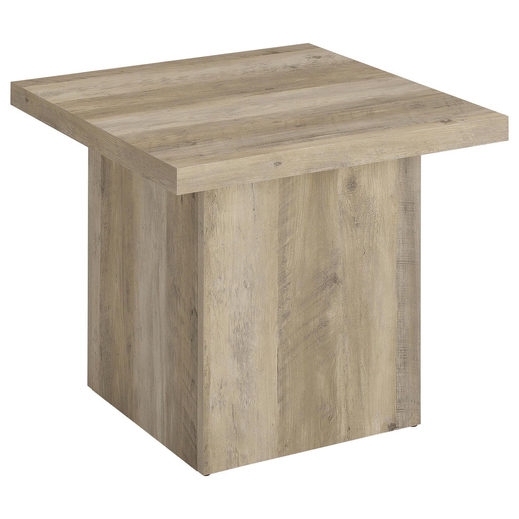 Corner view of distressed pine square coffee end table with beveled top edges