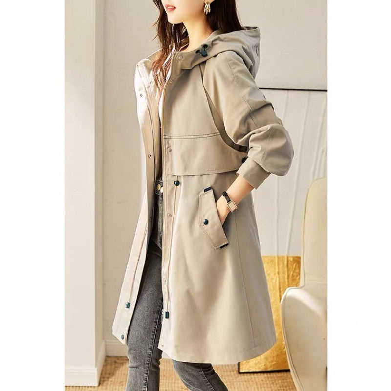 Women's hooded windbreaker coat in beige, front buttons, patch pockets, drawstring waist