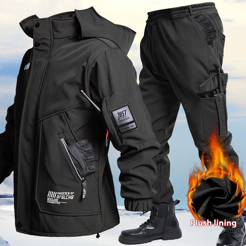 Black fleece-lined waterproof jacket and cargo pants set with hood and zip pockets