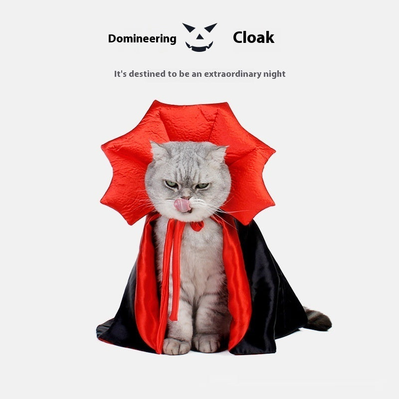 Red bat-wing collar vampire pet cloak with black cape and dangling ribbon ties