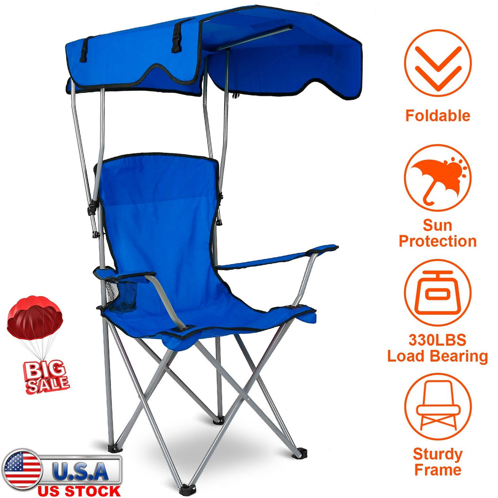 Blue folding beach canopy chair with overhead sunshade and side armrest cup area