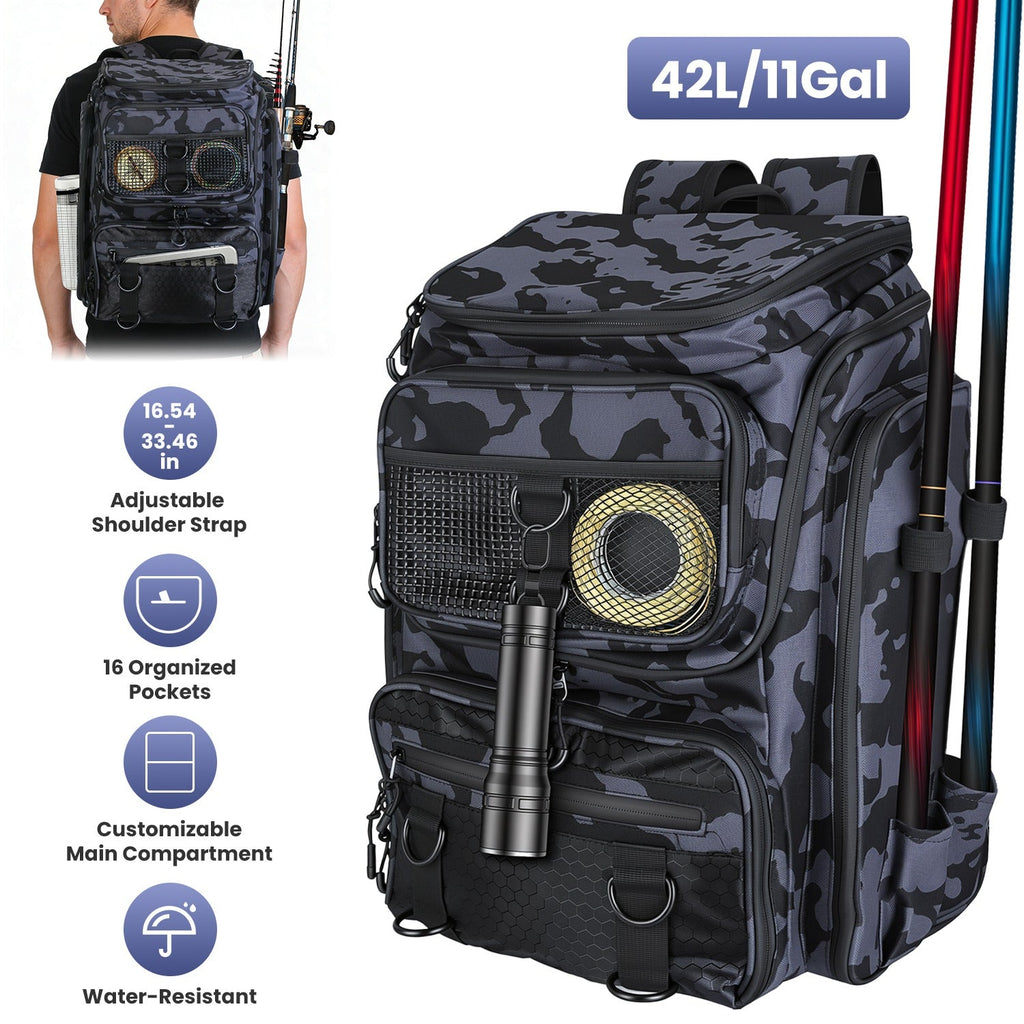 Camo fishing tackle backpack with rod holders, padded back, and multiple zip pockets